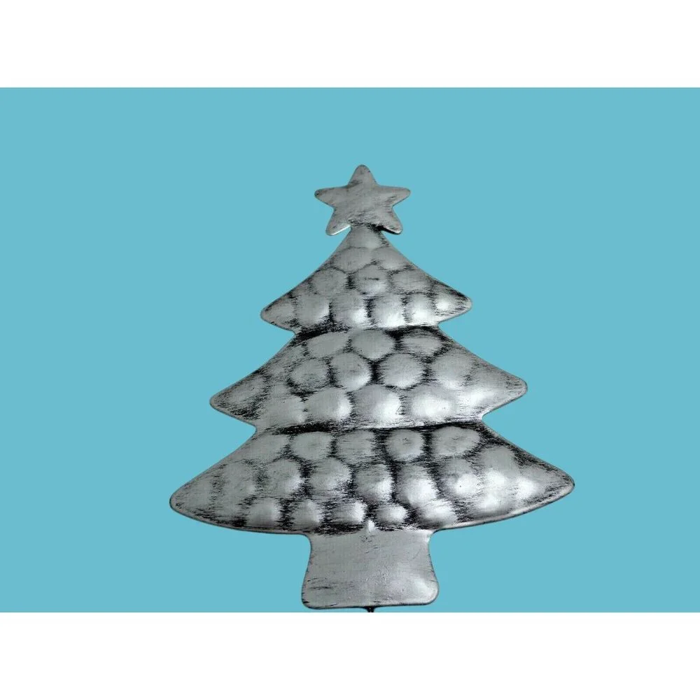 Christmas Tree Garden Stake Silver Metal Yard Lawn Floral Planter